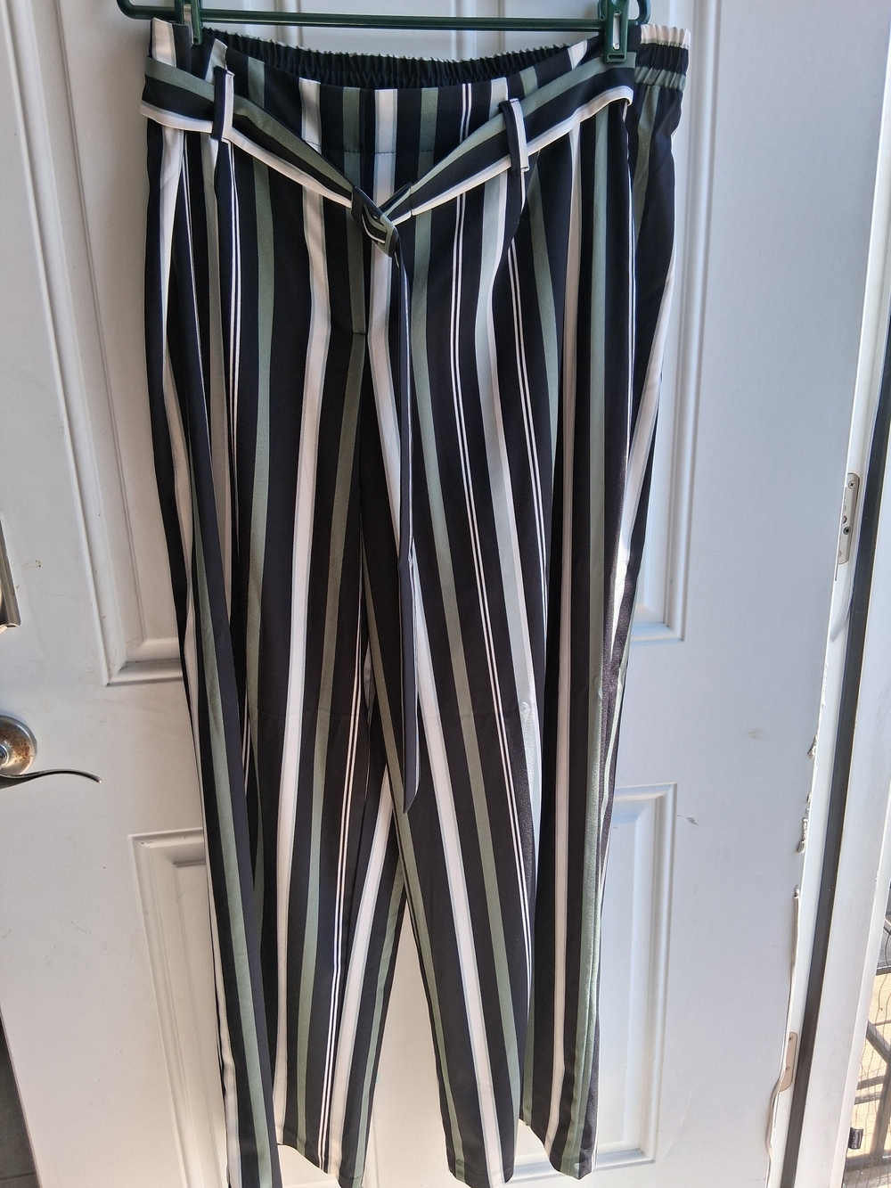 Striped Wide-Leg Pants with Self-Tie Belt in Black, White & Olive